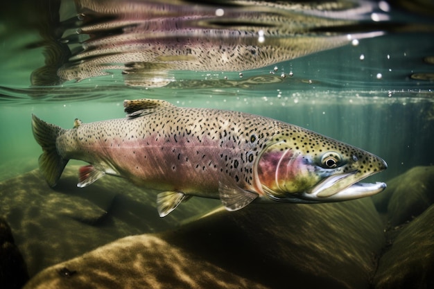 La truite arc-en-ciel nage dans l'eau claire de la rivière Photo sous-marine Illustration photoréaliste IA générative