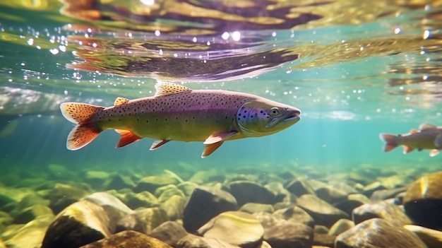 La truite arc-en-ciel nage dans l'eau d'une pisciculture pisciculture AI générative