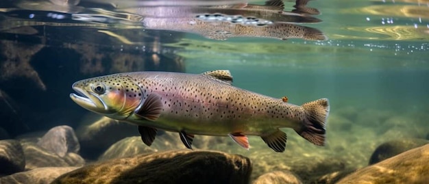 Une truite arc-en-ciel nage sous l'eau dans un réservoir.