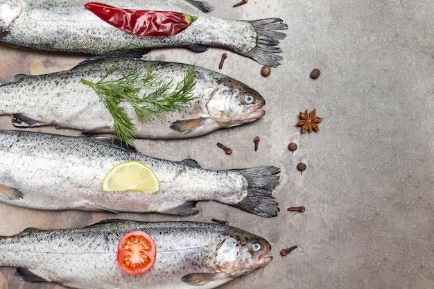 Truite de poisson crue. Brins de romarin et quartiers de citron, poivron rouge. Mise à plat. Copier l'espace