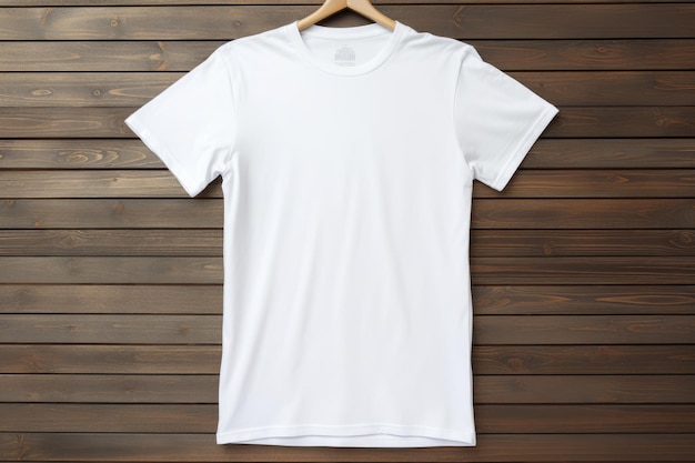 Tshirt blanc accroché à un cintre sur un fond en bois