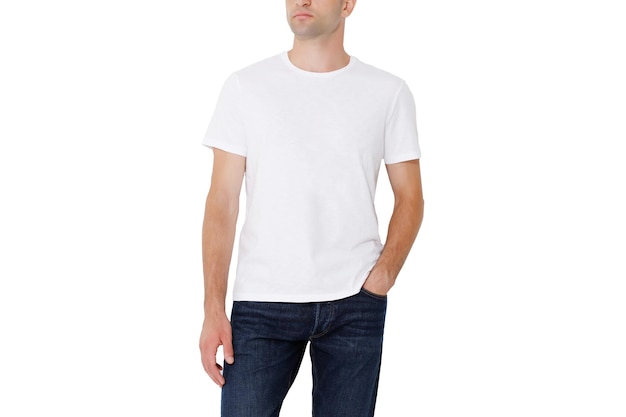 Tshirt blanc sur une disposition d'homme isolé sur un espace de copie de fond blanc