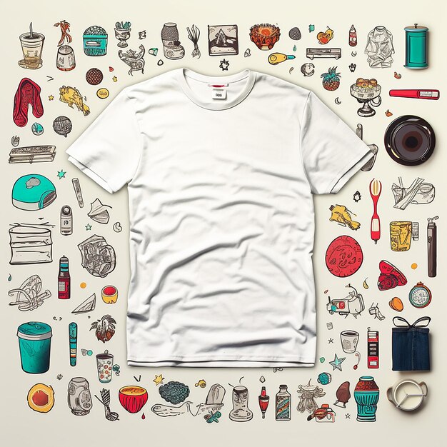 Photo tshirt blanc entouré de nombreuses images mignonnes que les enfants aiment