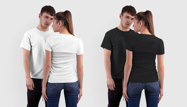 tshirt blanc sur une fille et un gars isolé sur fond dans les vêtements de studio pour la conception