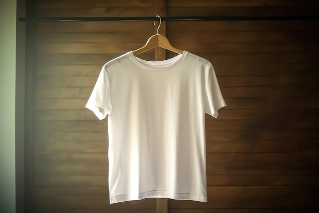 Tshirt blanc suspendu à un cintre sur un fond en bois contexte réel Mise en page d'un blanc