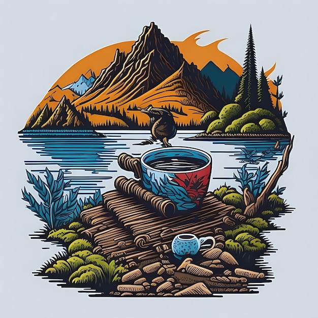 TShirt Design Coffee by the Lake Image vectorielle