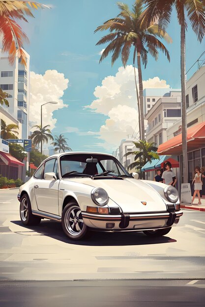 tshirt design une représentation de style vintage d'une Porsche 911 dans une rue de Miami