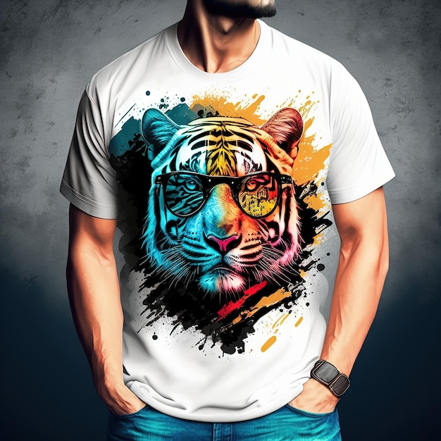 TShirt design tigre portant de petites lunettes de soleil