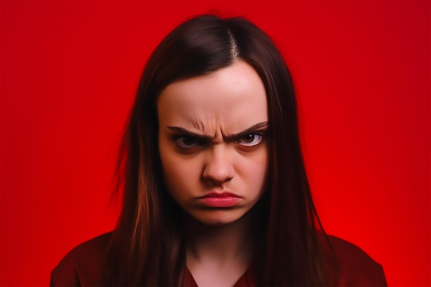 Un tshirt femme noir avec un fond rouge avec une expression triste