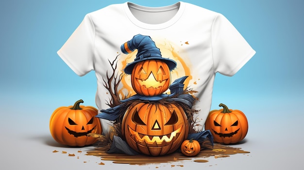 Tshirt d'Halloween avec rendu 3D de citrouilles sur fond bleu