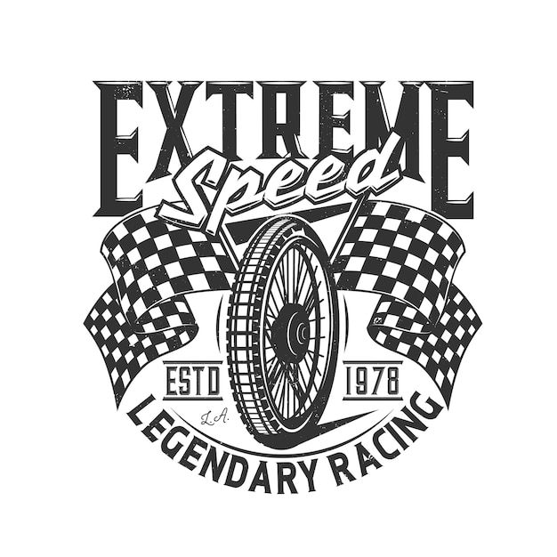 Tshirt imprimé avec roue de moto et drapeaux