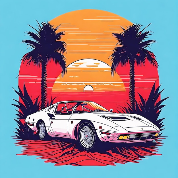Tshirt de voyage de vacances d'été design art numérique avec une voiture Generative Ai