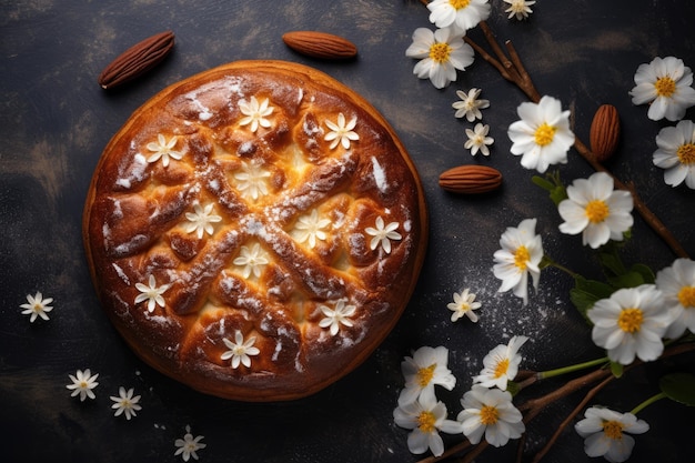 Photo tsoureki cozonac pain sucré de pâques sur fond sombre printemps de pâque vue supérieure espace de copie à plat