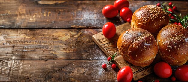 Photo tsoureki grec et œufs rouges sur une table en bois pour pâques avec de l'espace pour le texte