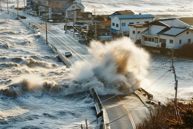 Un tsunami attaque une ville côtière après un tremblement de terre.