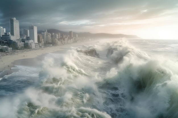 Tsunami océanique destructeur bâtiments de grande hauteur arrière-plan catastrophe d'eau naturelle générée par l'IA