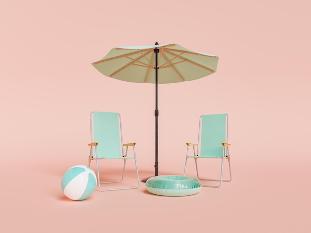 Tube de bain et ballon avec chaises de plage et parasol en studio