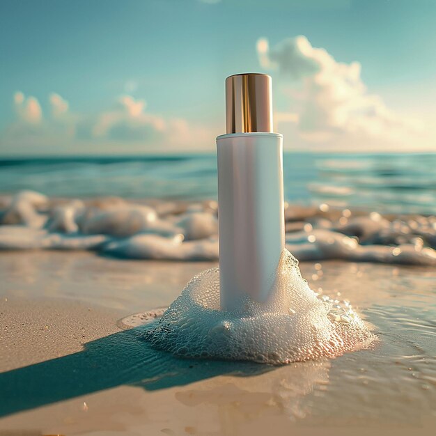 un tube blanc de parfum est posé sur une plage