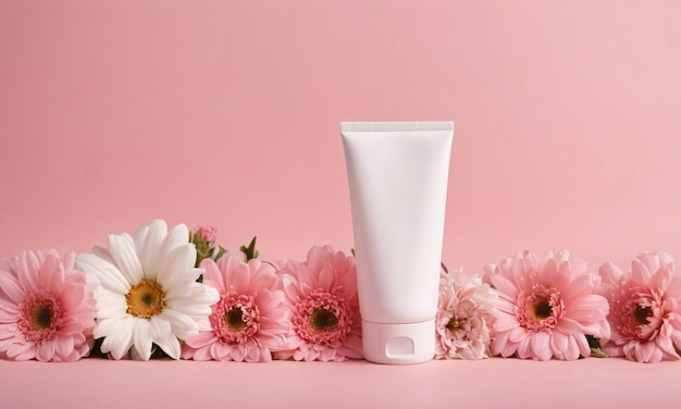Tube blanc de produit de soins de la peau pour le visage et le corps sur fond rose pastel avec des fleurs