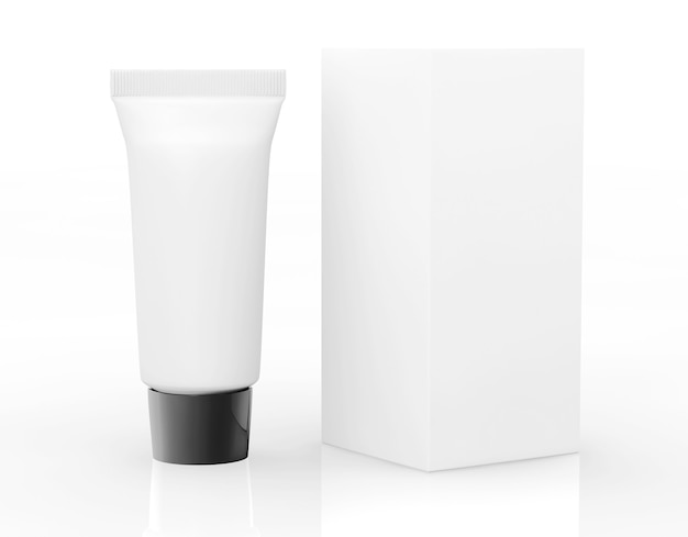 Tube cosmétique blanc avec emballage sur fond blanc