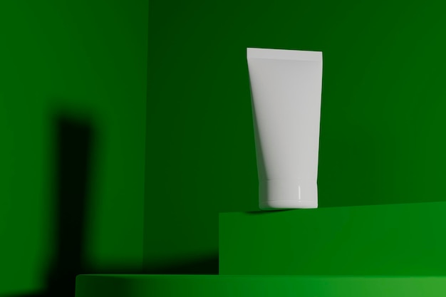 Tube cosmétique vierge blanc sur la composition de la scène Stade de géométrie de fond vert Espace de copie pour le texte ou la conception pour la maquette