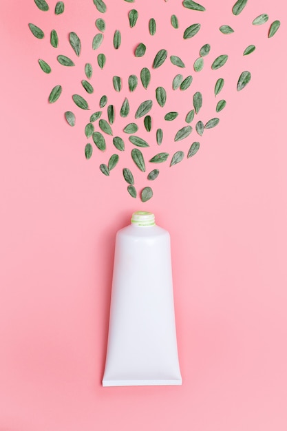 Tube de crème à base de plantes avec des feuilles d'airelle rouge sur un mur rose. Traitement de beauté bio. Mise à plat, verticale.