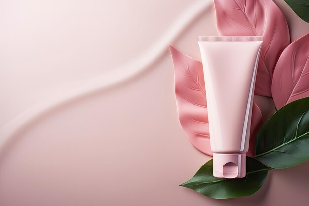 Tube de crème à feuilles roses Mockup pour l'emballage de cosmétiques Arrière-plan pour la marque et la présentation Naturel