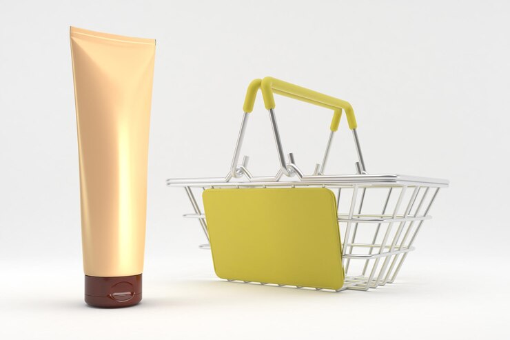 Photo tube crème et panier côté perspective sur fond blanc