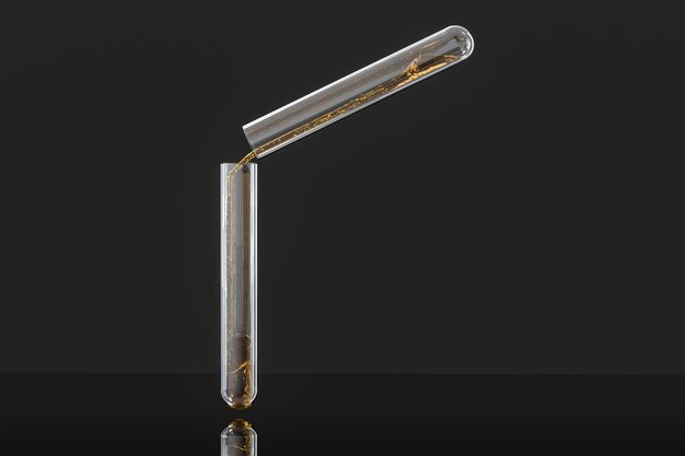 Tube à essai chimique avec liquide doré dans le laboratoire de rendu 3d