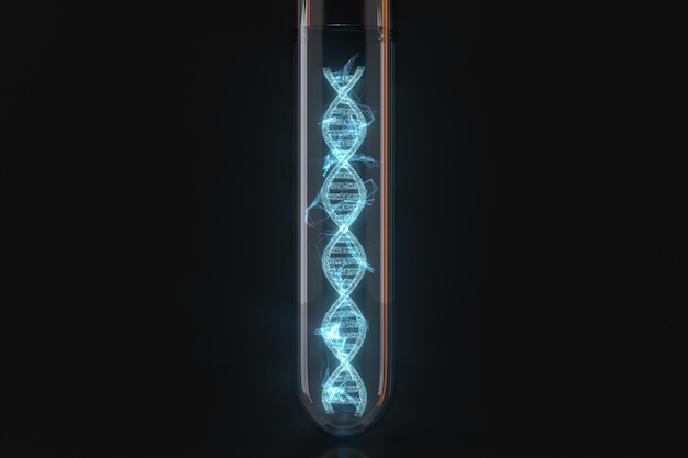 Tube à essai et chromosomes ADN et gènes rendu 3d