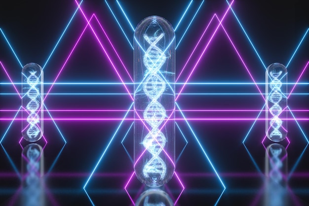 Tube à essai et chromosomes ADN et gènes rendu 3d