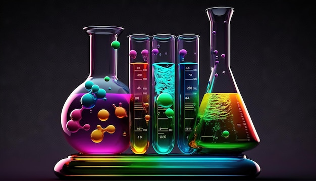 Tube à essai scientifique et flacon sur un diagramme périodique AI générative