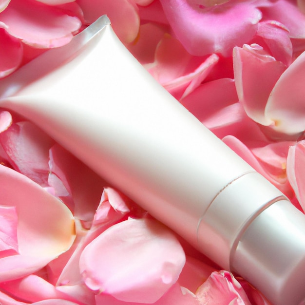 Photo un tube de lotion allongé sur un bouquet de pétales de rose