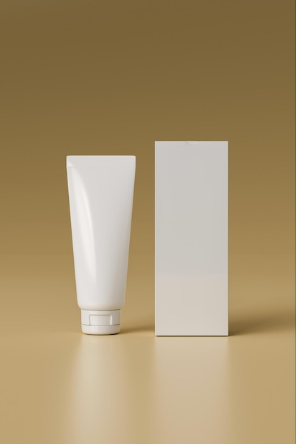 Un tube de lotion et sa boîte debout sur une surface bronzée