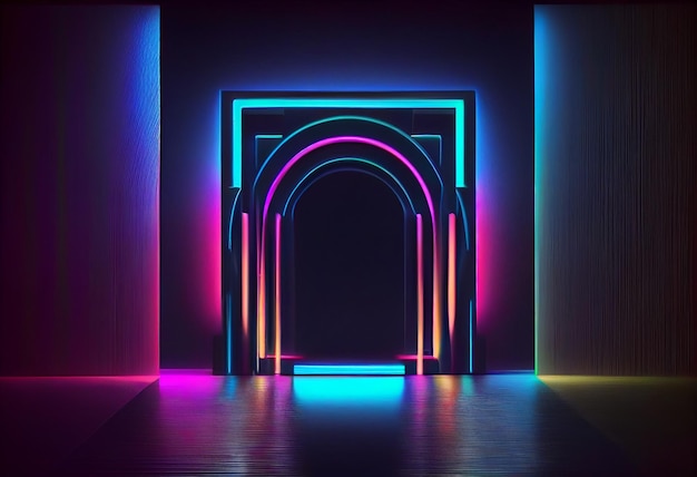 Tube néon retrowave de style 3d abstrait néon rose bleu orange avec arc lumineux Vitrine de scène de performance Podium pour la présentation du produit AI générative