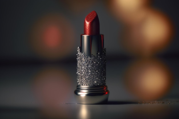 Un tube de rouge à lèvres rouge avec des cosmétiques de maquillage de luxe étincelants ou un espace de copie de salon de beauté IA générative