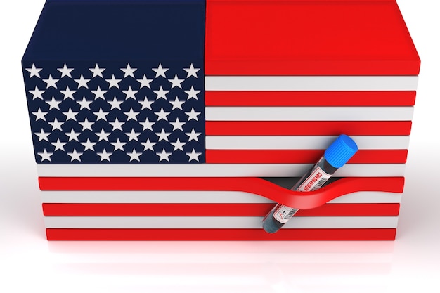 Tubes à essai avec l'inscription 2019-nCoV sur le fond du drapeau américain. Rendu 3D