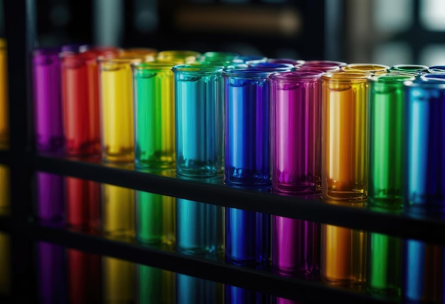 Des tubes d'essai de laboratoire colorés disposés sur un rack avec un fond flou