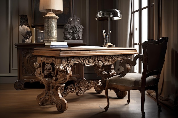 Étude baroque avec bureau en bois orné et chaise à volutes créée avec une IA générative