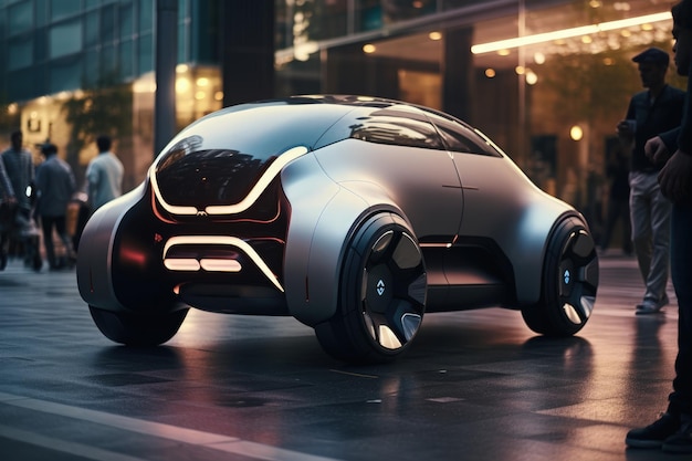 Étude de conception d'une voiture électrique futuriste à l'extérieur sur l'IA générative de la rue de la ville moderne