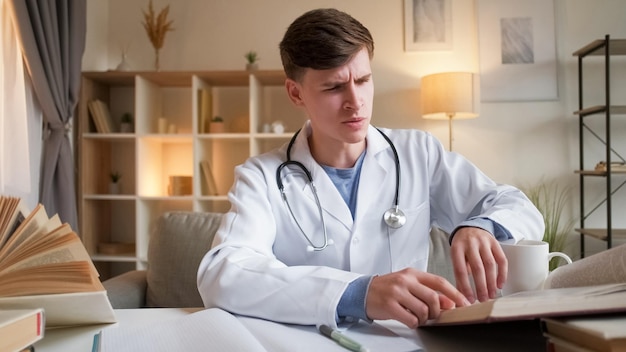 Étude médicale sur la recherche d'informations curieux jeune médecin homme en lecture uniforme d'hôpital