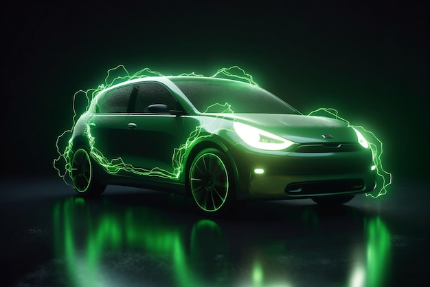 Étude de voiture électrique verte futuriste sur scène de studio avec ai générative de foudre verte