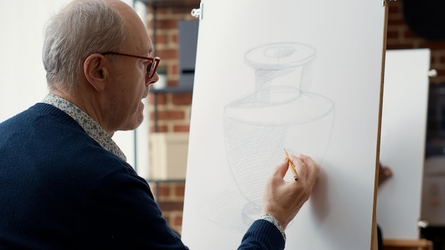 Étudiant aîné utilisant un crayon pour esquisser un modèle de vase sur papier avec un chevalet dans un atelier d'art, pour développer des compétences en dessin comme résolutions du nouvel an. Assister à une école de création pour dessiner un design artistique.