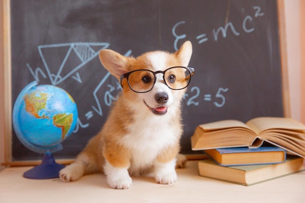 Étudiant chiot gallois corgi avec des lunettes sur le fond d'un tableau noir avec des livres