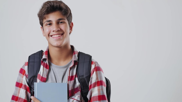 Étudiant du collège souriant sur un fond blanc avec des livres et un sac à dos