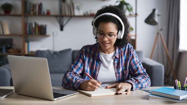 Étudiant avec des écouteurs écrivant des notes sur un bloc-notes tout en recherchant des informations de communication en utilisant l