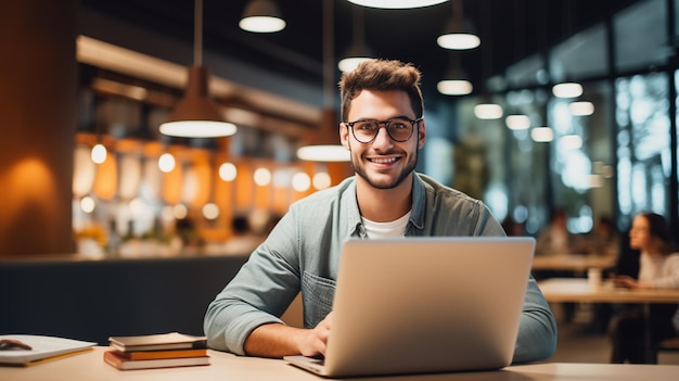 Étudiant heureux Portrait d'étudiant avec un ordinateur portable Concept d'étude en ligne