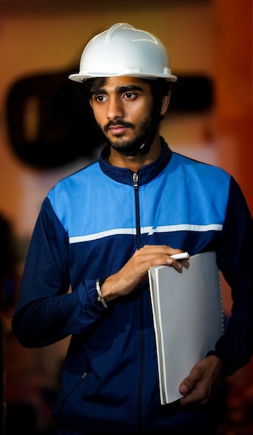 Étudiant ingénieur avec casque dur blanc et projet d'ennemi de journal blanc