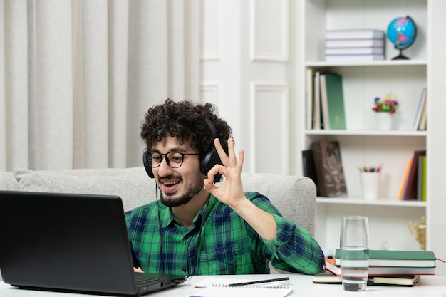 Étudiant en ligne mignon jeune homme étudiant sur ordinateur dans des verres en chemise verte montrant un geste ok