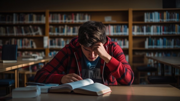 Étudiant masculin fatigué tenant sa tête alors qu'il était assis dans la bibliothèque sur fond d'étagère à livres Créé avec la technologie Generative AI